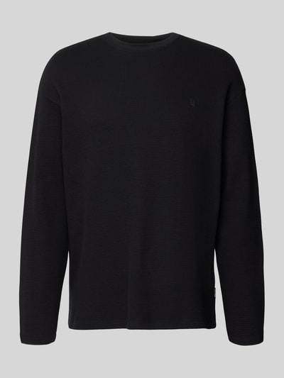 Produktfoto, schwarzes Longsleeve aus Baumwolle Modell 'FILLIP' von Blend, Gerader-Schnitt, Rundhalsausschnitt, Label-Detail, 70 cm Rückenlänge bei Größe M