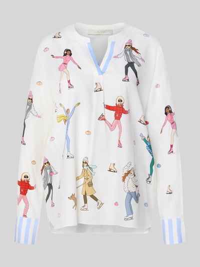 Produktfoto, Relaxed Fit Bluse aus Seiden-Mix von HERZENS, damesblouse van elastische zijdemix, Tuniekhals, all-over motiefprint, met lange mouwen, ruglengte maat 36: 71 cm, mouwlengte maat 36: 65 cm, wit met kleurrijke illustraties, gladde textuur