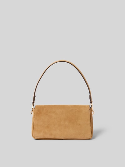 Produktfoto, Shoulder Bag in Suede-Optik von Tory Burch in Beige mit Überschlag, abnehmbare Schulterriemen, Logo-Detail, Breite 24 cm, Länge 12 cm, Tiefe 8 cm, Hauptfach, Innenfach mit Reißverschluss, strukturierte samtige Oberfläche