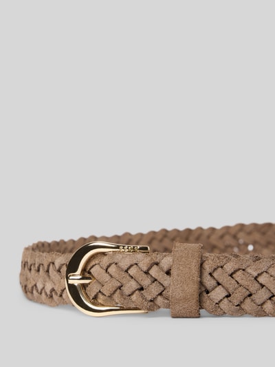 Productfoto, beige gevlochten riem van rundleer model 'CAROL' van BOSS, dames riem, goudkleurige gesp, matte textuur