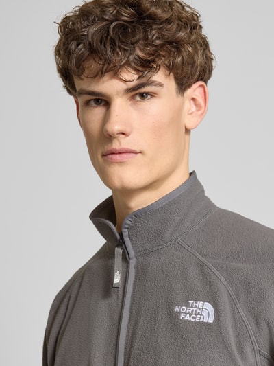 Männermodel trägt Fleecejacke mit Label-Stitching von The North Face in Grau, Reißverschluss, Stehkragen, Nahaufnahme Oberkörper.
