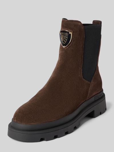 Produktfoto, braune Stiefeletten mit Label-Applikation Modell 'KIMMEL' von Blauer USA, Leder-Textil-Mix, schwarze Profilsohle