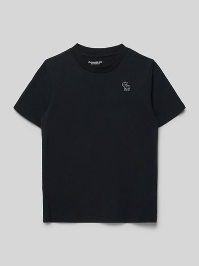Produktfoto, dunkelblaues T-Shirt mit Rundhalsausschnitt und Label-Stitching von Abercrombie&Fitch, Regular Fit, glatte Struktur