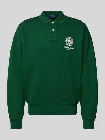 Produktfoto, Regular Fit Sweatshirt aus Baumwoll-Mix von Polo Ralph Lauren in Dunkelgrün mit Polokragen, Label Print, unifarben, Sweatstruktur