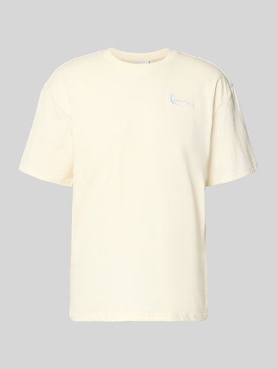 Produktfoto, Oversized T-Shirt mit rückseitigem Print von KARL KANI in Creme, Rundhalsausschnitt, reine Baumwolle, glatte Textur, Label-Stitching