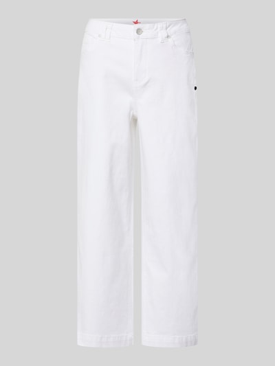 Produktfoto, weiße Jeans im 5-Pocket-Design mit Label-Detail Modell 'Kate' von Buena Vista aus Baumwoll-Mix mit Stretch-Anteil, Wide-Leg-Fit, Knopfverschluss und Reißverschluss, Bundweite 38 cm, Innenbeinlänge 66 cm, glatte Textur
