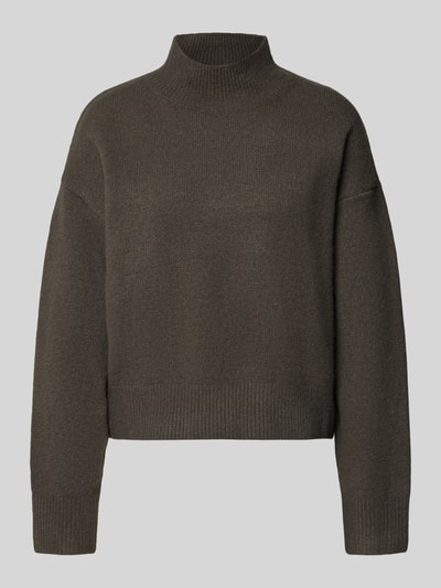 Produktfoto, Turtleneck-Pullover mit Woll-Anteil und Rundhalsausschnitt von Neo Noir aus Material-Mix mit gerippten Abschlüssen, gerade Form, einfarbig dunkler Farbton, strukturierte Oberfläche