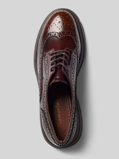 Productfoto, glanzende donkerbruine veterschoenen met logodetail van Tamaris, effen zool, Dames veterschoenen van Tamaris