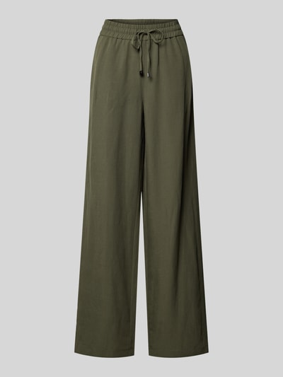 Produktfoto, Leinenhose mit elastischem Bund Modell 'Roma' von STEHMANN in Olivgrün, Wide-Leg-Pants aus Reine Leinen, sichtbare Textur, Bundweite 39 cm, Innenbeinlänge 81 cm, Damen