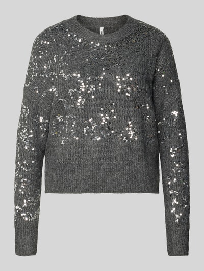 Only Sweter z dzianiny o kroju relaxed fit z cekinowym obszyciem model ‘LALTA’ Antracytowy melanż 2