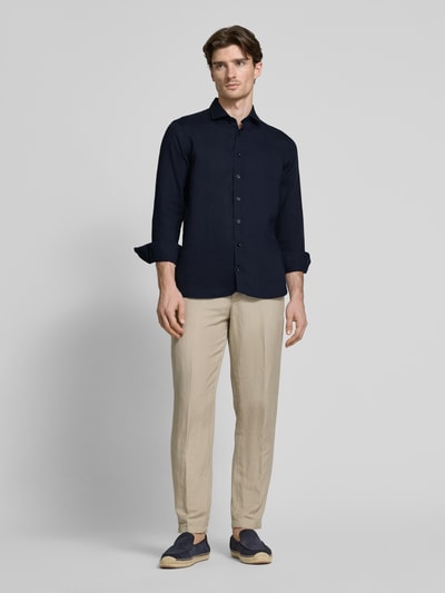 OLYMP SIGNATURE SLIM FIT Slim fit linnen overhemd met kentkraag, model 'Sykia' Marineblauw - 1