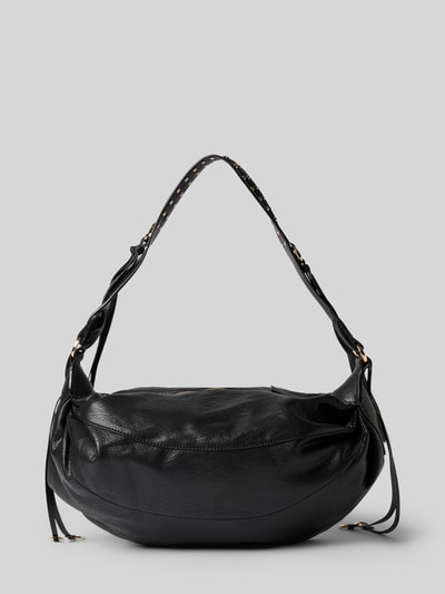 Produktfoto, Shoulder Bag mit Reißverschluss Modell 'TIN' von MANGO, schwarze Lederoptik, Ziernähte, Nietenbesatz, strukturierte Oberfläche
