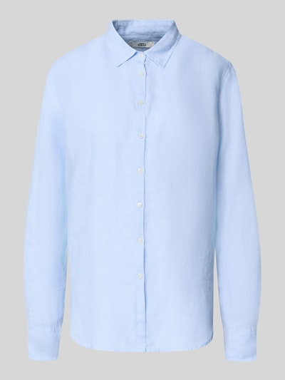 Produktfoto, lichtblauwe dames overhemdblouse van zuiver linnen Modell 'MIRA' met Kentkraag en knoopsluiting van 0039 Italy, regular fit, sportmanchetten, ruglengte maat S 68 cm, mouwlengte maat S 62 cm