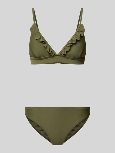 Produktfoto, olivgrüner Bikini mit Volants Modell 'BEAU' von Shiwi, körpernahe Passform, glatte Textur, Material-Mix mit Stretch-Anteil
