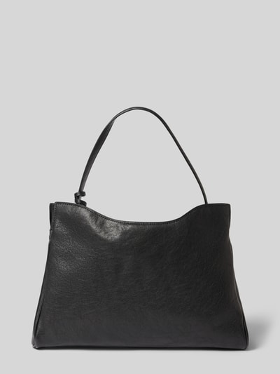 Produktfoto, schwarze Handtasche aus Leder-Mix Modell 'Valentin' von MANGO mit kurzem Schulterriemen und Klickverschluss, matter Glanz, glatte Textur, Innenfach mit Reißverschluss, Accessoire für Damen.