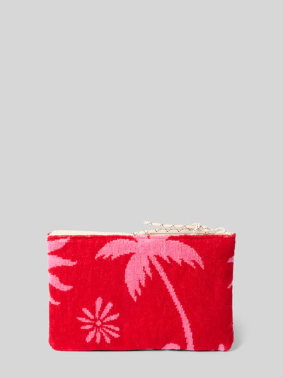 Produktfoto, Pouch mit Label-Patch Modell 'Tulum' von WOUF aus reiner Bio-Baumwolle, roter Stoff mit rosa Palmenmuster und Zipper, Damen Pouch