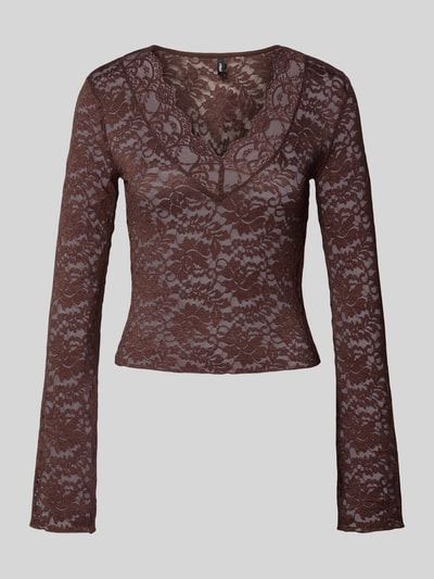 Only Slim fit shirt met lange mouwen in kantlook, model 'NIKKA' Chocoladebruin - 2