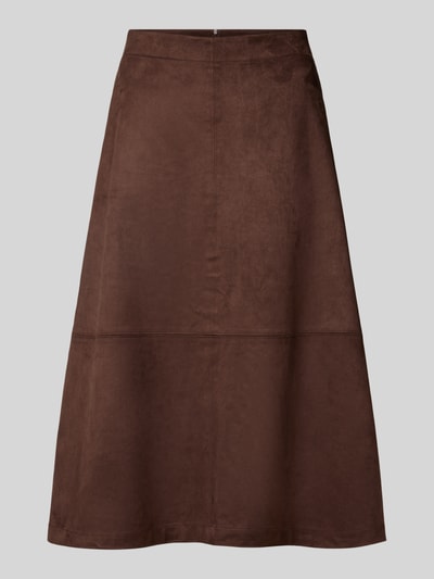 Produktfoto, Midirock in Wildleder-Optik von Milano Italy, braune A-Linie mit Ziernähten, elastischer Material-Mix, glatter Unterrock, rückseitiger Reißverschluss, Kontext: Bundweite 38 cm, Gesamtlänge 75 cm bei Größe 36