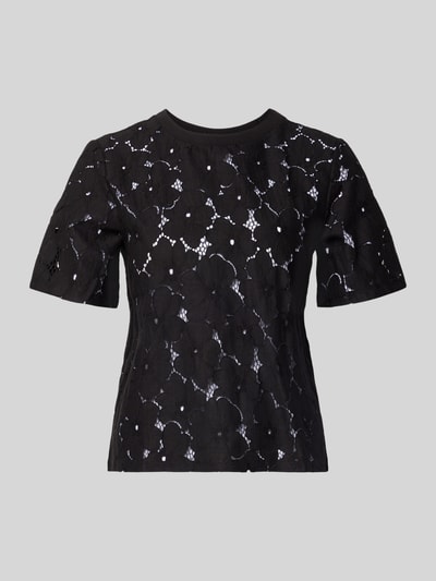Produktfoto, Regular Fit T-Shirt aus Spitze Modell 'SALLIE' von Vero Moda, Optik: Unifarben, Rundhals, Kurzarm, Materialverarbeitung: Spitze, Material: Baumwoll-Mix, schwarze Farbgebung, florale Mustertextur.