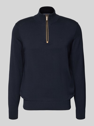 Produktfoto, dunkelblauer Strickpullover mit Stehkragen von bugatti aus reiner Baumwolle, Regular-Fit, gerippte Abschlüsse, kurzer Reißverschluss