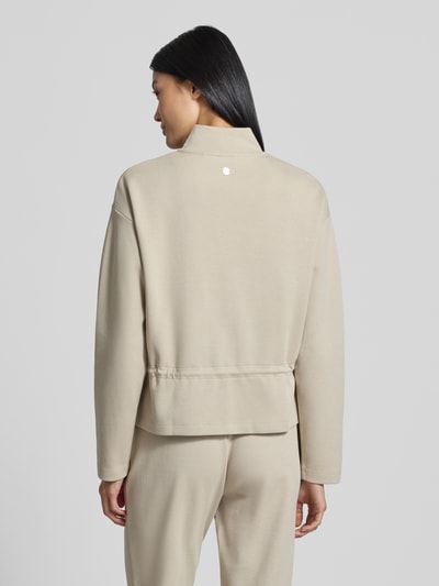 Vrouwenmodel draagt Regular fit sweatjack uit katoenmix van JOOP! in beige, glad oppervlak, Dames sweatjack, volledig zicht van achteren