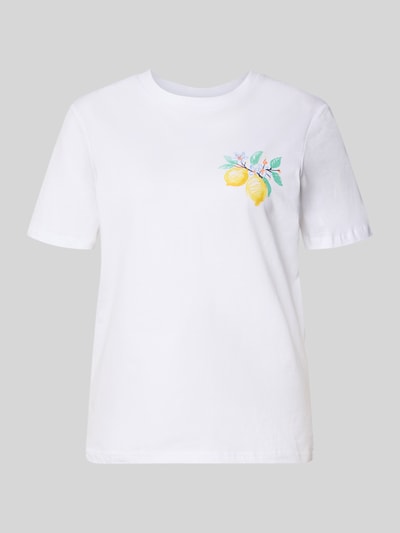 Produktfoto, weißes Regular Fit T-Shirt aus reiner Baumwolle Modell 'BRIANNA' von Pieces mit Zitronen-Print, feine Jersey-Textur, unifarben.