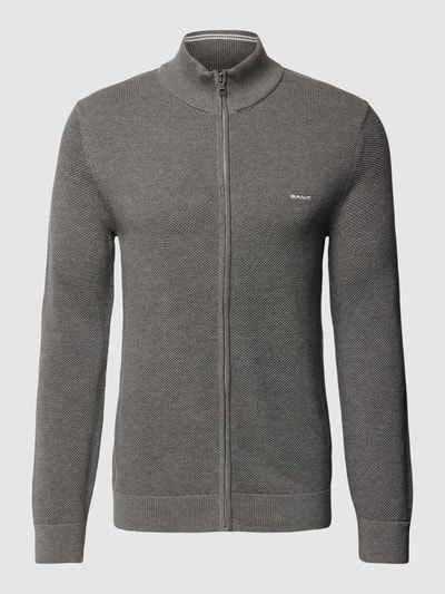 Gant Gebreid jack met labelstitching, model 'PIQUE' Antraciet - 2