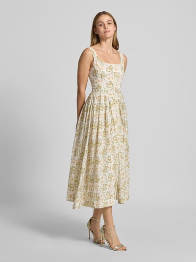 Modelka kobieca nosi Cocktailkleid im Allover-Look mit Karree-Ausschnitt od LACE & BEADS, czysta bawełna, krój A-linii, midikleid, wzór allover, dekolt kwadratowy, długość z tyłu w rozmiarze S: 106 cm, szerokość w rozmiarze S: 43 cm, widok całej sylwetki z przodu.
