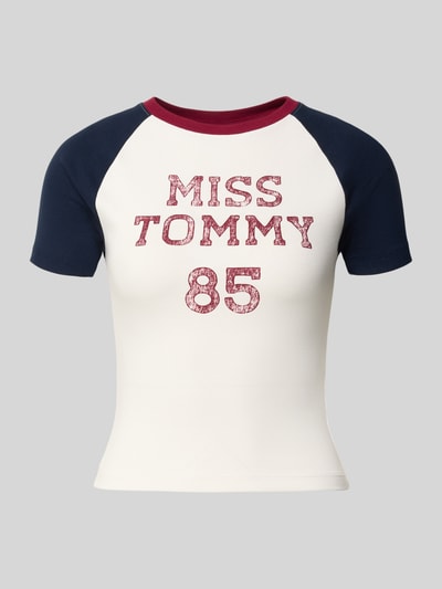 Produktfoto, Slim Fit T-Shirt aus bawełnianego miksu od Tommy Jeans, wielokolorowy, w kratę, styl colour blocking, nadruk z logo, okrągły dekolt, krótki rękaw, gładka tekstura.