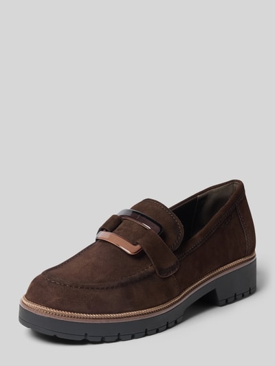 Produktfoto, Loafer aus echtem Leder von Tamaris, dunkelbraun mit Metall-Detail, robuste Sohle, weiche Wildleder-Textur, Damen Loafer von Tamaris
