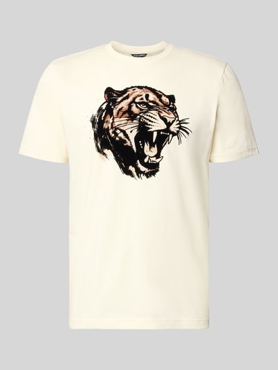 Produktfoto, Regular Fit T-Shirt mit Motiv-Print von Antony Morato, męski t-shirt z mieszanki bawełny, krój regular fit, nadruk z motywem, okrągły dekolt, długość tyłu w rozmiarze M: 64 cm, kremowy z czarnym i brązowym nadrukiem tygrysa