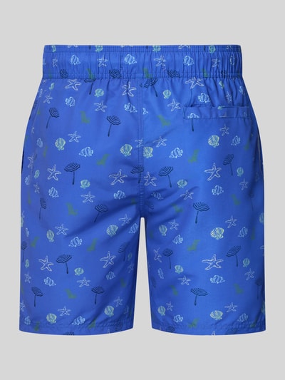 Produktfoto, Badeshorts mit Eingrifftaschen Modell 'BHRINGWAR MINI' von Blend in Blau mit Meeresmotiven, elastischer Bund, Rückansicht