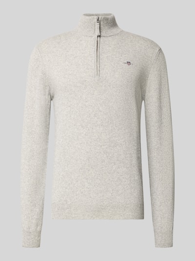 Gant Regular Fit Pullover mit Strick-Optik aus reiner Lammwolle Mittelgrau Melange 2