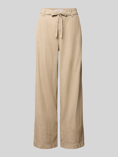 Produktfoto, Wide-Fit Stoffhose mit Bügelfalten Modell 'Livia' von Angels aus Reine Baumwolle, beige, sichtbarer Knopf- und Reißverschluss, klassische Struktur