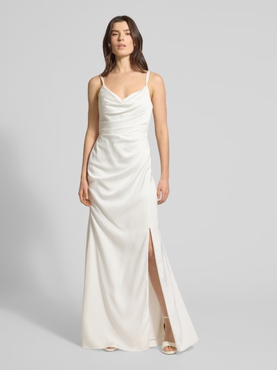 Kobiece modelka nosi Regular Fit Abendkleid mit Zierschleife od Luxuar z satyny, cienkie ramiączka, krój regular fit, ozdobna kokarda, plisowanie, rozporek, dekolt na plecach, długość tyłu w rozmiarze 36: 136 cm, szerokość w rozmiarze 36: 43 cm, jasny kolor, gładka tekstura, widok całej sylwetki z przodu.