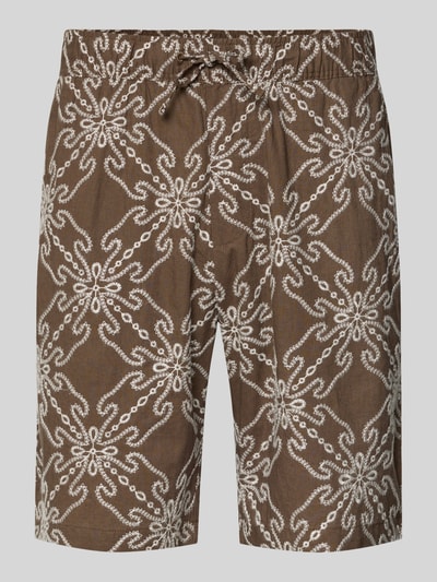 Produktfoto, Shorts aus Leinen-Mix mit elastischem Bund und Kordelzug von MCNEAL, braunes Muster mit weißem Print, entspannte Passform, sichtbare Kordel, Seiten- und Gesäßtaschen, Herren Shorts mit Baumwoll-Anteil, strukturierte Textur