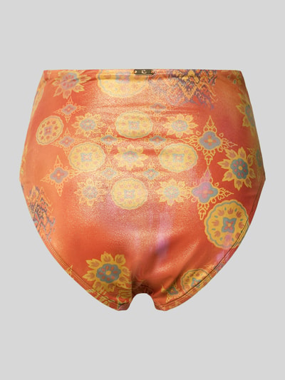 Produktfoto, Bikini-Slip mit Allover-Muster von Lauren Ralph Lauren in Orange-Gelb mit Logo-Applikation, High-Waist, Raffung, Stretch-Materialverarbeitung