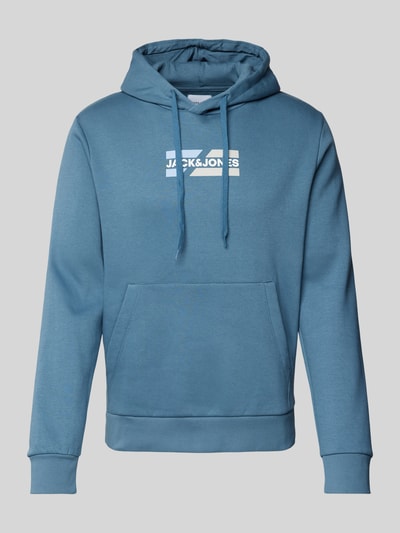 Jack & Jones Hoodie met labelprint, model 'ECORP' Oceaanblauw - 1