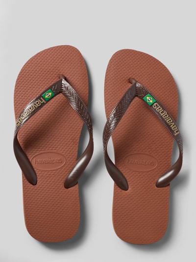 Produktfoto, Zehentrenner mit Label-Detail Modell 'BRASIL' von Havaianas, brązowy kolor, zaokrąglony nosek, fakturowana powierzchnia, damski fason, wysokość obcasa w rozmiarze 39/40: 1 cm, forma wsuwana