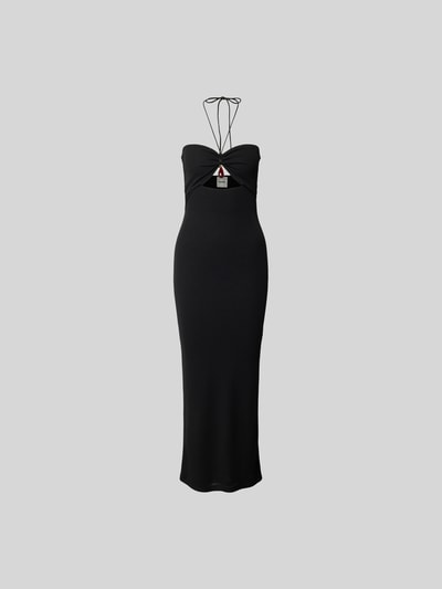 Produktfoto, schwarzes Slim Fit Midikleid mit Zierstein-Detail, Gehschlitz, Cut-Out und Neckholder, Nanushka Slim Fit Midikleid mit Zierstein-Detail, Gesamtlänge 117 cm, Brustweite 33 cm, Taillenweite 29 cm.