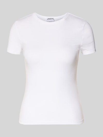 Produktfoto, T-Shirt mit Feinripp und Rundhalsausschnitt von Jake*s Casual, weiß, Baumwoll-Mix mit Stretch-Anteil, Slim-Fit, Wellensaum.