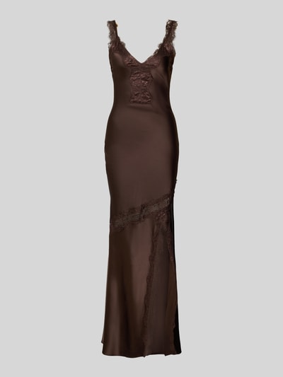 Produktfoto, długa sukienka Maxikleid mit Spitzenbesatz und Gehschlitz von Little Mistress, mieszanka materiałów z dodatkiem streczu, podkreślająca figurę, obszycie koronką, dekolt w serek, rozporek, długość tyłu w rozmiarze 36: 151 cm, szerokość w rozmiarze 36: 31 cm, brązowy kolor, gładka tekstura z koronkowymi detalami
