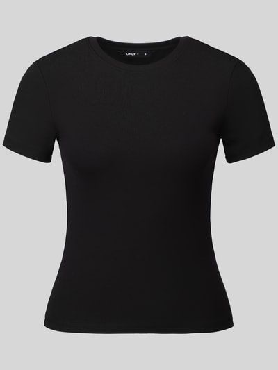 Produktfoto, schwarzes Slim Fit T-Shirt aus Baumwoll-Mix Modell 'RILEY' von ONLY, glatte Oberfläche, Damen T-Shirt von ONLY