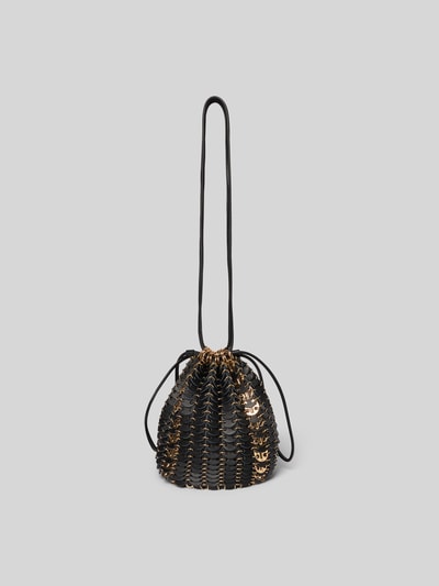 Produktfoto, Bucket Bag mit Gliederketten von Rabanne, Damen Bag in Schwarz-Gold, Hauptfach mit Zugband, langer Schulterriemen, Label-Detail, Gliederketten-Optik, kurze Tragehenkel, Maße ca. 23 cm Breite, 23 cm Länge, 15 cm Tiefe