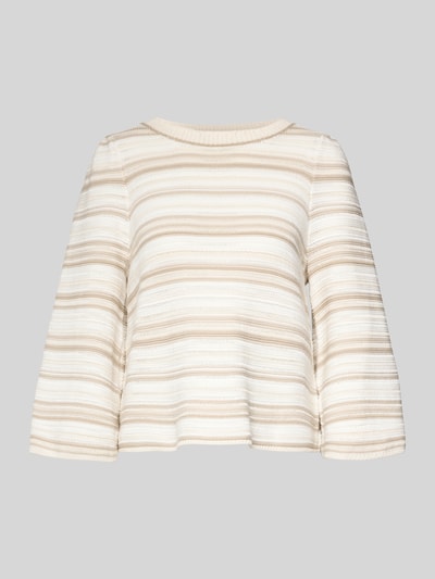 Produktfoto, gestreifter Pullover in Beige und Creme mit feiner, strukturierter Oberfläche, horizontale Streifen, weiche Textur