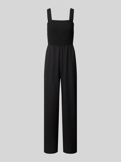 Produktfoto, Regular Fit Jumpsuit mit gesmoktem Rumpf Modell 'ELISE' von ONLY, Optik: Unifarben, Karree-Ausschnitt, breite Träger, ärmellos, Eingrifftaschen, schwarze Farbe, strukturierte Textur
