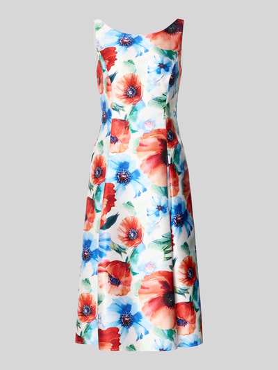 Produktfoto, Knielanges Cocktailkleid im Allover-Look von Vera Mont für Damen in A-Linie mit farbenfrohem Blumendruck, Rundhalsausschnitt, Knielänge, glatter Textur, Rückenlänge bei Größe 36: 97 cm, Brustweite bei Größe 36: 39 cm.