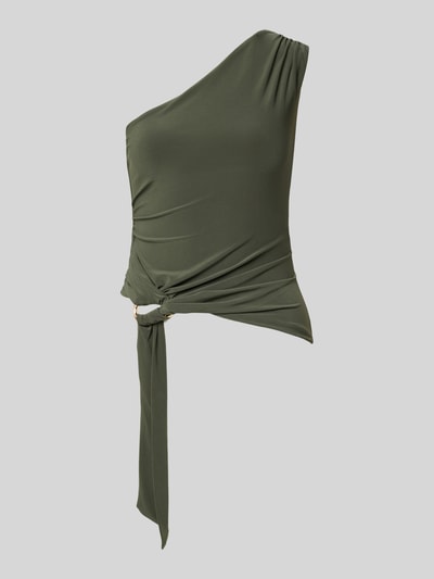 Produktfoto, Slim Fit Top im One-shoulder-Design Modell 'Jemma' von Forever New aus Elastischer-Material-Mix mit Zierbesatz, Raffung, olivgrün, Rückenlänge 35 cm bei Größe 36.