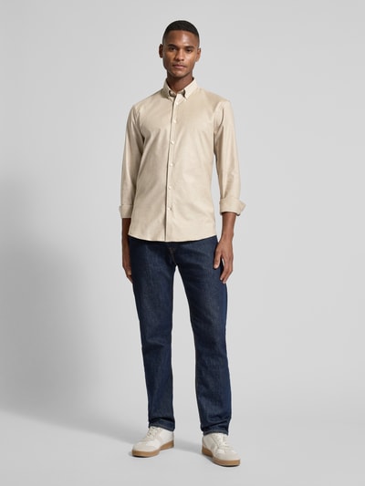 Lindbergh Slim fit vrijetijdsoverhemd met knoopsluiting, model 'Oxford' Beige - 1