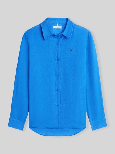 Produktfoto, Relaxed Fit Langarmbluse aus reinem Leinen von Tommy Hilfiger in kräftigem Blau, Optik: Unifarben, Flammgarn-Textur, Hemdkragen, Logo-Stitching, einreihige Knopfleiste, Ärmelform: langarm, Ärmelabschluss: Manschette, Rumpfabschluss: abgerundet, Material: Leinen